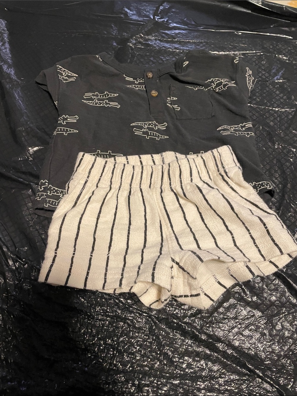 Carter's Cream Knit Shorts with Black Pinstripes and alligator t-shirt